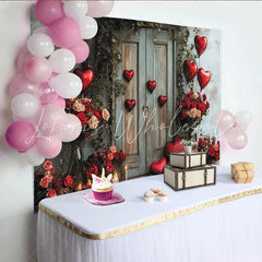 Lofaris Lush Green Vines and Rustic Door with Red Heart Balloons Roses Romantic Holiday Backdrop for Valentine’s Day.