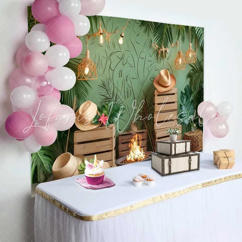 Lofaris Lush Tropical Green Birthday Cake Smash Backdrop Boho Jungle Leaves and String Lights for Party