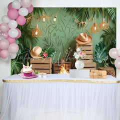 Lofaris Lush Tropical Green Birthday Cake Smash Backdrop Boho Jungle Leaves and String Lights for Party