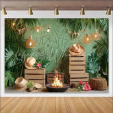 Lofaris Lush Tropical Green Birthday Cake Smash Backdrop Boho Jungle Leaves and String Lights for Party