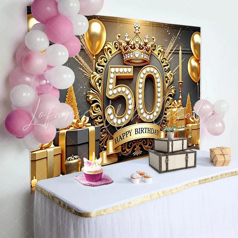 Lofaris Luxurious 50th Birthday Backdrop Golden Crown Diamonds Gifts Candles Black and Gold Party Decoration