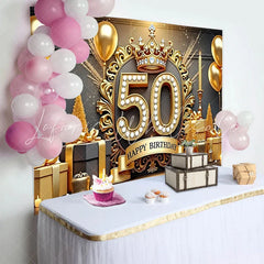 Lofaris Luxurious 50th Birthday Backdrop Golden Crown Diamonds Gifts Candles Black and Gold Party Decoration