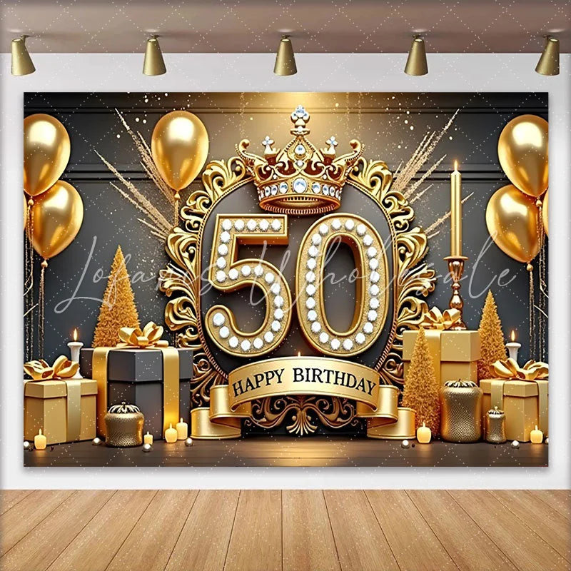Lofaris Luxurious 50th Birthday Backdrop Golden Crown Diamonds Gifts Candles Black and Gold Party Decoration