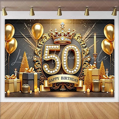 Lofaris Luxurious 50th Birthday Backdrop Golden Crown Diamonds Gifts Candles Black and Gold Party Decoration