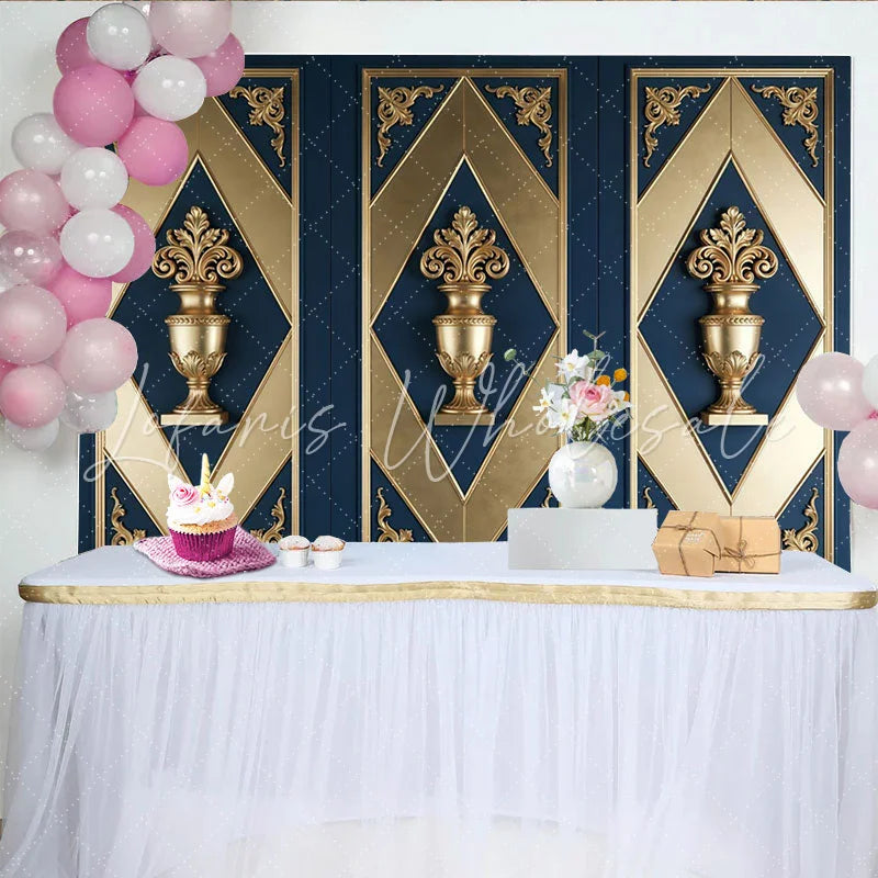 Lofaris Luxurious Blue and Gold Ornate Panel Photography Backdrop Elegant Wall Decor Background for Studio Portrait