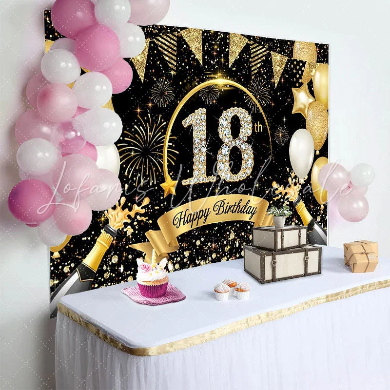 Lofaris Luxury 18th Birthday Backdrop with Champagne Diamond Numbers and Gold Bunting Background Party Decor