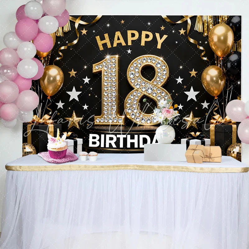 Lofaris Luxury 18th Happy Birthday Backdrop Diamond Numbers and Gold Balloons Background 18 Years Anniversary Decor