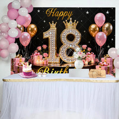 Lofaris Luxury 18th Happy Birthday Backdrop Pink and Gold Diamonds Background with Crowns and Roses for Girls