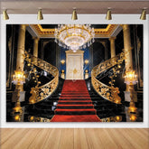 Lofaris Luxury Grand Staircase Photography Backdrop with Red Carpet and Gold Railings Elegant Royal Mansion Background for Formal Events