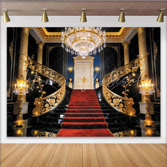 Lofaris Luxury Grand Staircase Photography Backdrop with Red Carpet and Gold Railings Elegant Royal Mansion Background for Formal Events