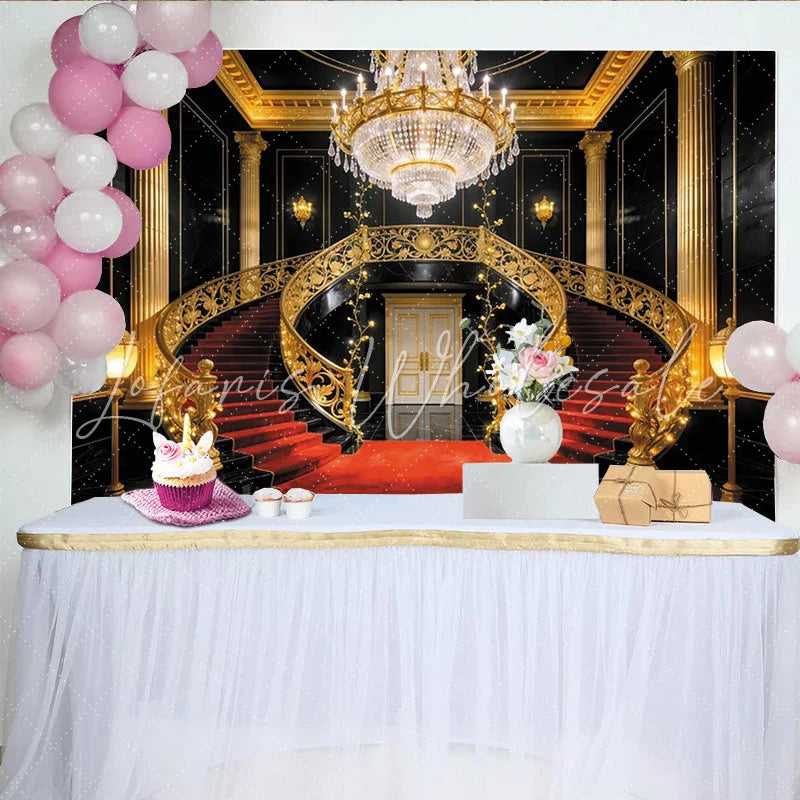 Lofaris Luxury Grand Staircase Photography Backdrop with Red Carpet and Golden Railings Opulent Studio Background for Event Decor