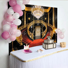 Lofaris Luxury Grand Staircase Photography Backdrop with Red Carpet and Golden Railings Opulent Studio Background for Event Decor
