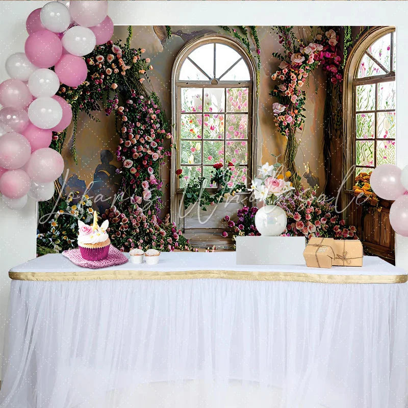 Lofaris Luxury Indoor Garden Floral Backdrop Arched Windows and Flower Arch Photography Background