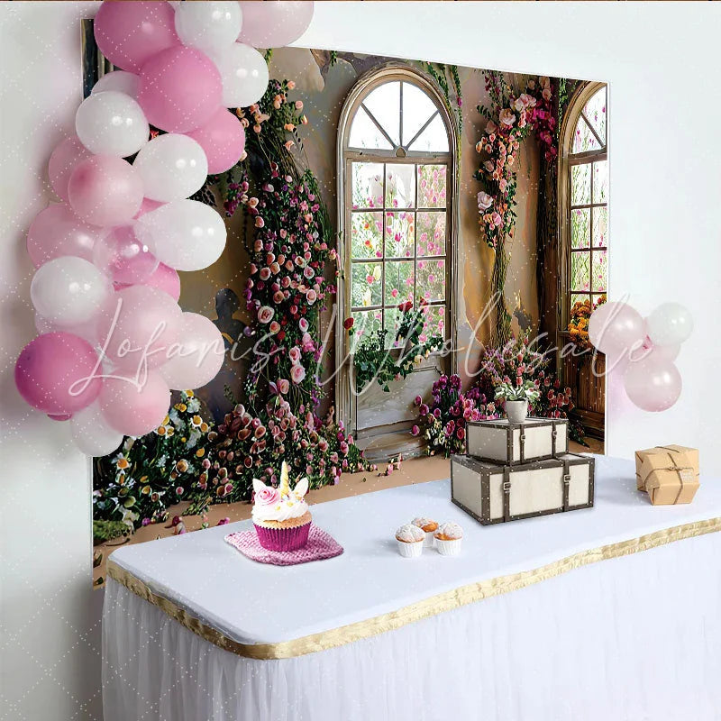 Lofaris Luxury Indoor Garden Floral Backdrop Arched Windows and Flower Arch Photography Background