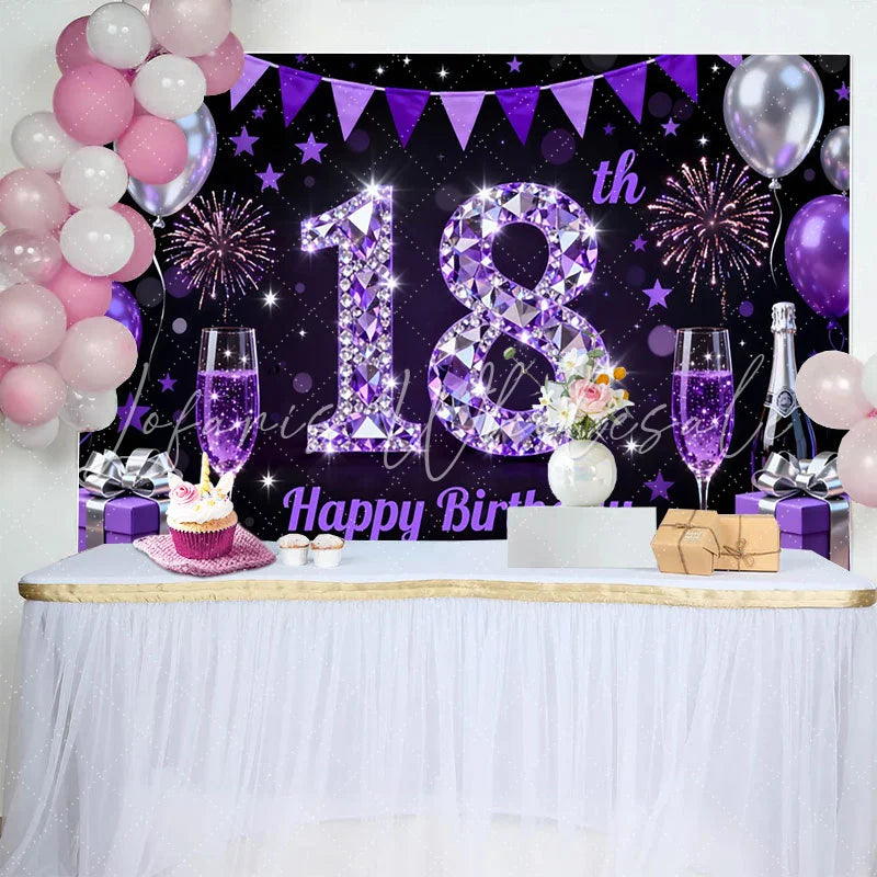 Lofaris Luxury Purple Diamond 18th Birthday Backdrop Purple Balloons and Champagne Background Anniversary Decor