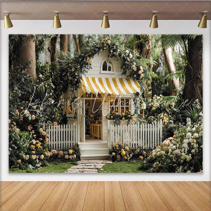 Lofaris Märchenhaftes Gartenhäuschen mit Rosen Partyhintergrund gelb-weiß gestreifte Markise für Babyparty und Geburtstag