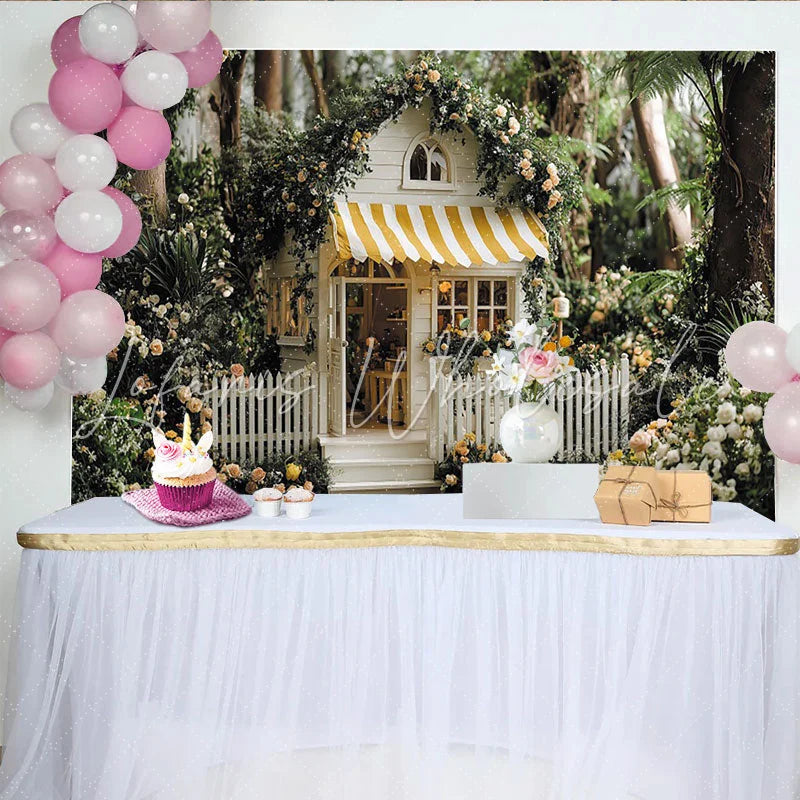 Lofaris Märchenhaftes Gartenhäuschen mit Rosen Partyhintergrund gelb-weiß gestreifte Markise für Babyparty und Geburtstag