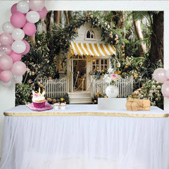 Lofaris Märchenhaftes Gartenhäuschen mit Rosen Partyhintergrund gelb-weiß gestreifte Markise für Babyparty und Geburtstag