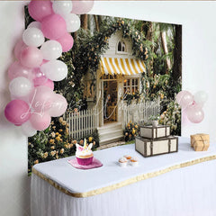 Lofaris Märchenhaftes Gartenhäuschen mit Rosen Partyhintergrund gelb-weiß gestreifte Markise für Babyparty und Geburtstag