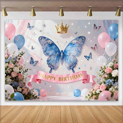 Lofaris Magical Blue Butterfly and Gold Crown Birthday Cake Smash Backdrop Happy Birthday Party Decor for Little Girls