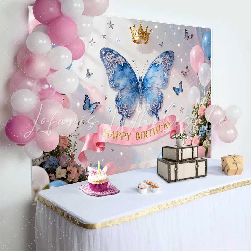 Lofaris Magical Blue Butterfly and Gold Crown Birthday Cake Smash Backdrop Happy Birthday Party Decor for Little Girls