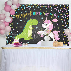 Lofaris Magical Dinosaur and Unicorn Birthday Backdrop with Confetti Cute Cartoon Party Background for Kids Photoshoot Decor