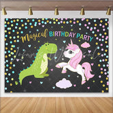 Lofaris Magical Dinosaur and Unicorn Birthday Backdrop with Confetti Cute Cartoon Party Background for Kids Photoshoot Decor