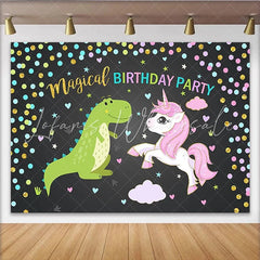 Lofaris Magical Dinosaur and Unicorn Birthday Backdrop with Confetti Cute Cartoon Party Background for Kids Photoshoot Decor