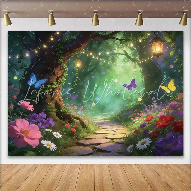 Lofaris Magical Enchanted Forest Backdrop with Butterflies and Glowing Lanterns Dreamy Floral Photography Background for Fairy Tale