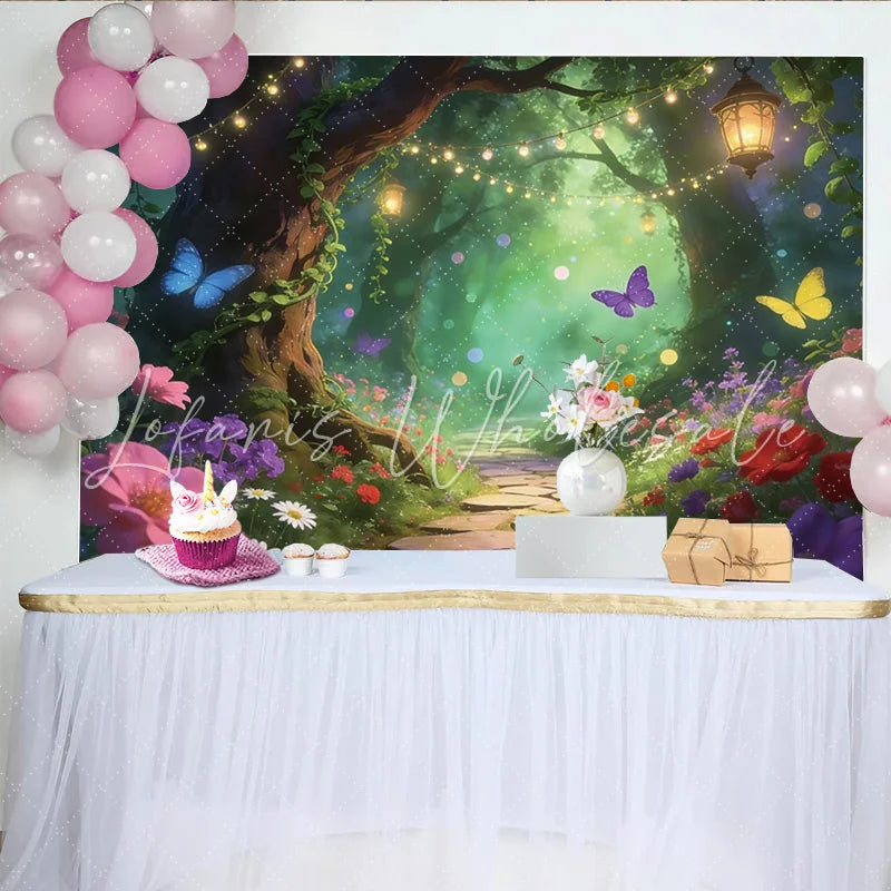 Lofaris Magical Enchanted Forest Backdrop with Butterflies and Glowing Lanterns Dreamy Floral Photography Background for Fairy Tale