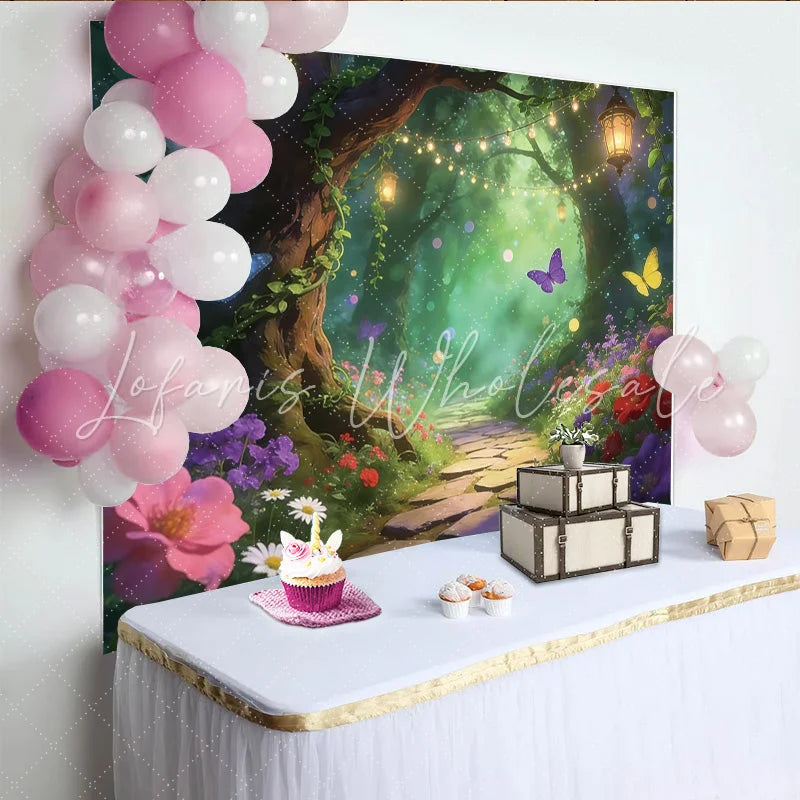 Lofaris Magical Enchanted Forest Backdrop with Butterflies and Glowing Lanterns Dreamy Floral Photography Background for Fairy Tale