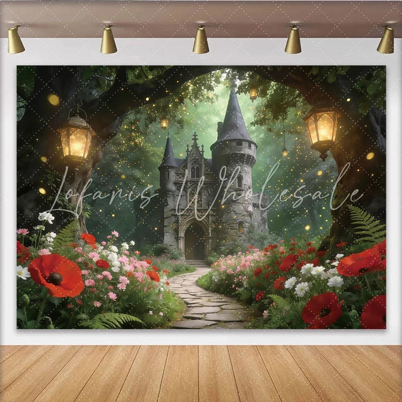 Lofaris Magical Enchanted Forest Castle Photography Backdrop Fairy Tale Scene with Glowing Lanterns and Flowers for Studio