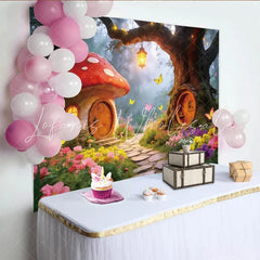 Lofaris Magical Fairy Tale Forest Photography Backdrop Whimsical Mushroom and Tree House Scene for Studio Photoshoot