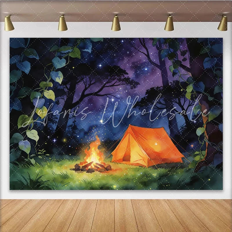 Lofaris Magical Forest Camping Night Sky Photography Backdrop with Glowing Tent and Campfire Dreamy Studio Background for Adventure Theme
