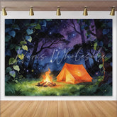 Lofaris Magical Forest Camping Night Sky Photography Backdrop with Glowing Tent and Campfire Dreamy Studio Background for Adventure Theme