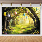 Lofaris Magical Forest Easter Backdrop with Eggs and Winding Path Vibrant Spring Background for Holiday Party Decor