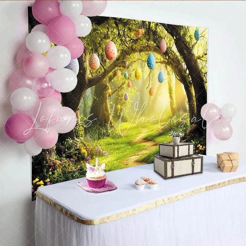 Lofaris Magical Forest Easter Backdrop with Eggs and Winding Path Vibrant Spring Background for Holiday Party Decor