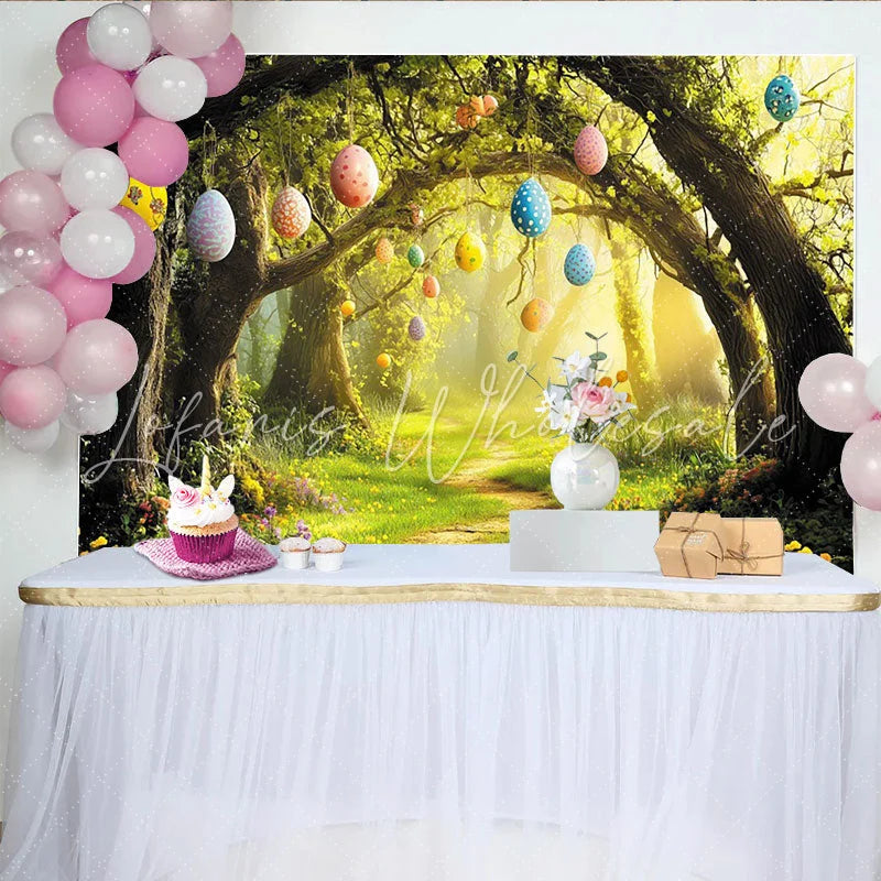 Lofaris Magical Forest Easter Backdrop with Eggs and Winding Path Vibrant Spring Background for Holiday Party Decor