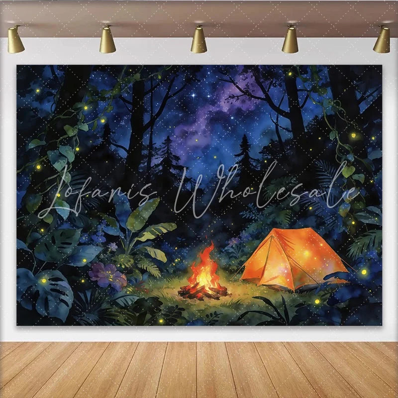 Lofaris Magical Forest Photography Backdrop with Glowing Tent and Starry Sky Enchanted Camping Background for Studio Photoshoot