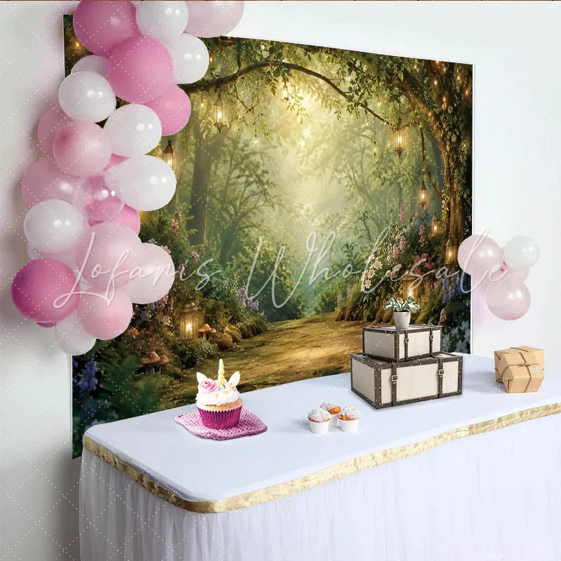 Lofaris Magical Lanterns Enchanted Forest Photography Backdrop Lush Greenery and Fairy Tale Studio Background for Portrait Photoshoot