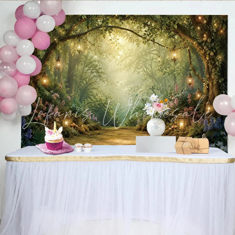 Lofaris Magical Lanterns Enchanted Forest Photography Backdrop Lush Greenery and Fairy Tale Studio Background for Portrait Photoshoot