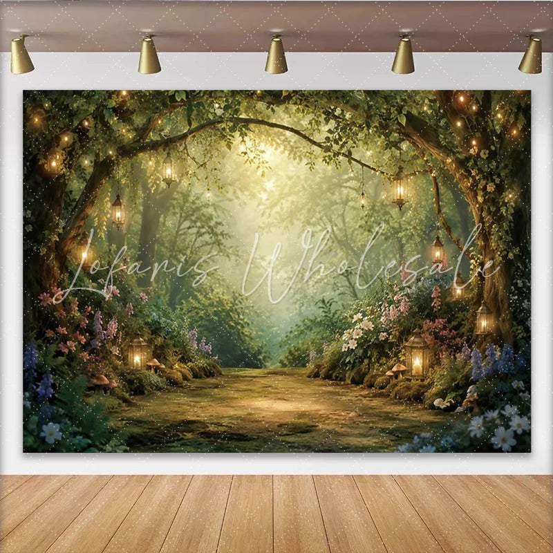 Lofaris Magical Lanterns Enchanted Forest Photography Backdrop Lush Greenery and Fairy Tale Studio Background for Portrait Photoshoot
