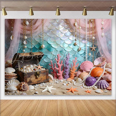 Lofaris Magical Mermaid Scale Photography Backdrop with Treasure Chest Vibrant Coral and Ocean Floor Background for Photoshoot Decor