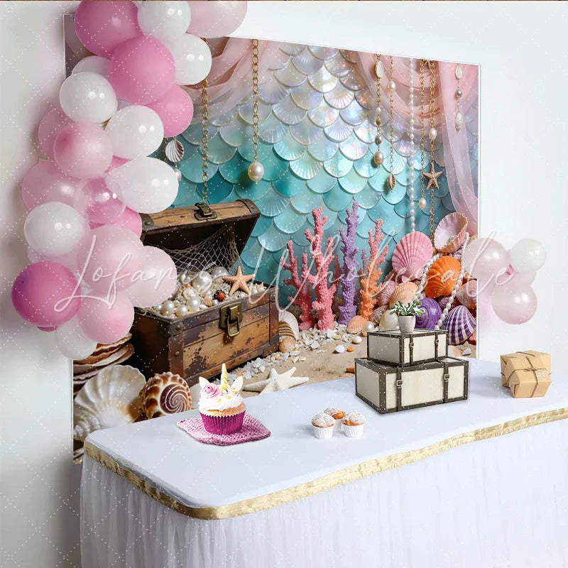 Lofaris Magical Mermaid Scale Photography Backdrop with Treasure Chest Vibrant Coral and Ocean Floor Background for Photoshoot Decor