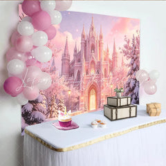 Lofaris Magical Pink Castle Photography Backdrop with Snowy Trees Enchanted Winter Background for Princess Photoshoot and Decor