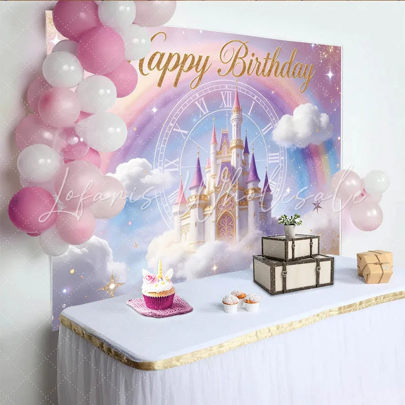 Lofaris Magical Princess Birthday Backdrop with Castle and Rainbow Dreamy Photo Background for Girls Party Decoration
