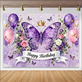 Lofaris Magical Purple Butterfly and Crown Happy Birthday Cake Smash Backdrop Pink Balloons and Flowers Party Decor