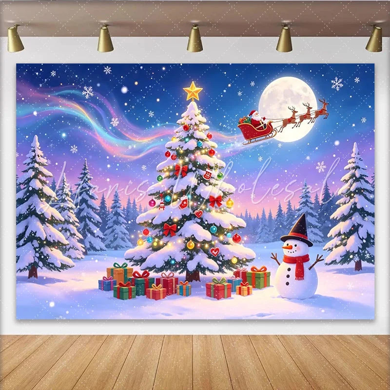 Lofaris Magical Snowy Christmas Backdrop with Decorated Tree and Santa Sleigh Full Moon and Aurora Festive Winter Holiday for Parties