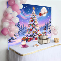 Lofaris Magical Snowy Christmas Backdrop with Decorated Tree and Santa Sleigh Full Moon and Aurora Festive Winter Holiday for Parties