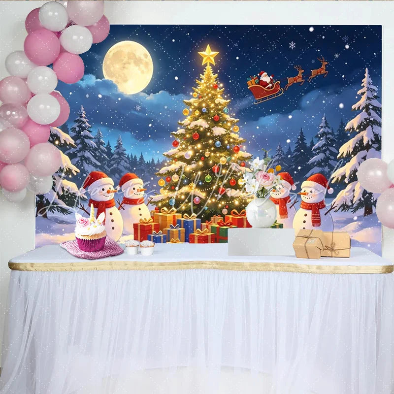 Lofaris Magical Snowy Christmas Tree Backdrop with Santa and Reindeer Festive Winter Wonderland Background for Holiday Party Decor